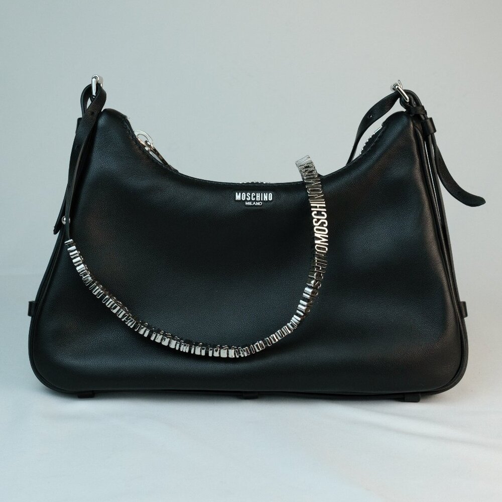 Moschino Small Lettering Shoulder Bag, Black Leather